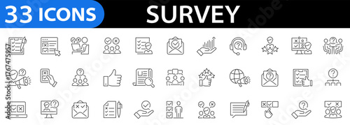 Survey 33 line icon set. Feedback Linear Icons. Opinions, rewiev, feedback, exam, satisfaction, research, review and more. Vector illustration