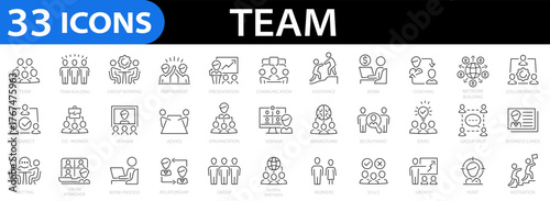 Team Web 33 line icon set. 33 outline icons related to team. Teamwork Linear Icons, Including team building, workshop, human resources, group, coaching, collaboration and more. Vector illustration