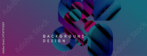 Abstract geometric shapes create vibrant background. Purple, blue hues dominate design, offering modern aesthetic. Text reads background design.