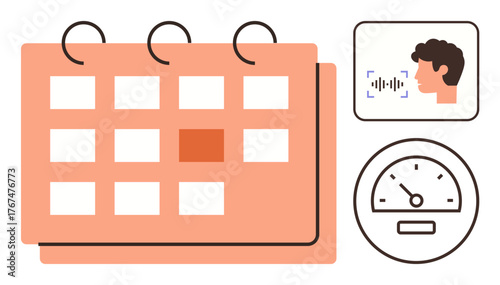 Calendar with highlighted date, user voice recognition interface, and performance gauge. Ideal for time management, productivity, technology, planning, goal tracking workflow motivation. Simple