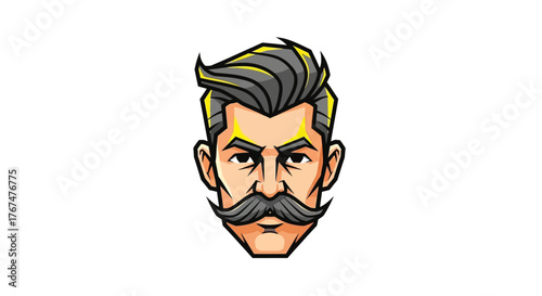 Cartoon rendition of a confident character with striking mustache and neatly styled hair
