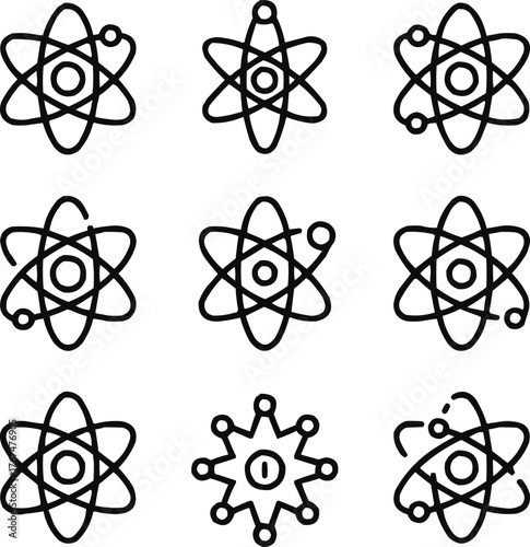 Atomic Structure Line Icon Set Minimal Geometric Physics and Energy Symbols