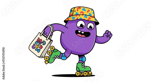 Funky purple character roller skating with a reusable tote bag promoting joyful mobility