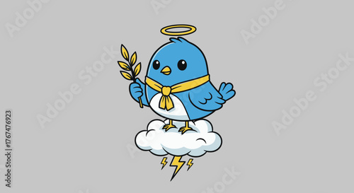 Whimsical cartoon of a blue bird with a halo holding an olive branch standing on a cloud