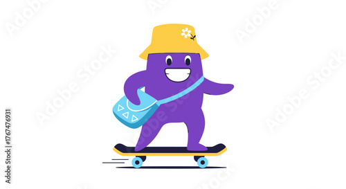 Animated purple character enjoying a skateboard ride with a stylish bucket hat and bag