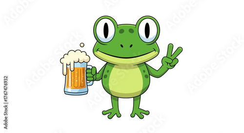 Cartoon frog celebrating with a beer, spreading joy and a carefree attitude among friends and