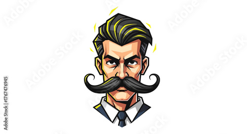 Stylized portrait of a man with a handlebar mustache and intense expression design