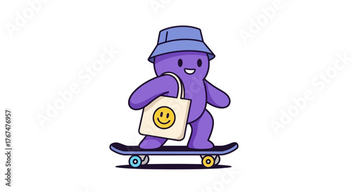 Animated purple character wearing hat skateboarding carrying happy face bag illustration