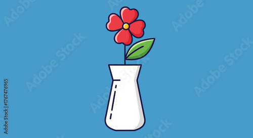 Stylized red blossom with simple vase on light blue background providing a minimalist floral graphic