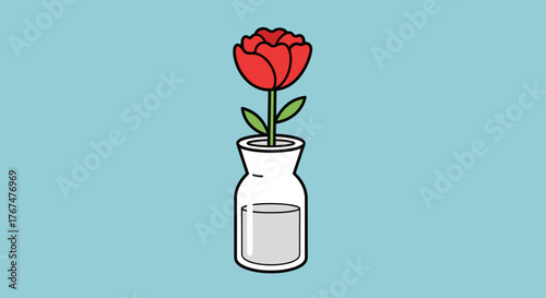 Stylized cartoon rose illustration in vase against light blue background backdrop artwork
