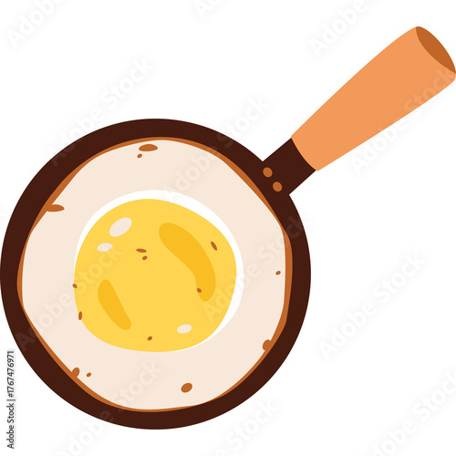 Flat Illustration Of A Fried Egg Cooking In A Frying Pan With A Wooden Handle On A Transparent Background