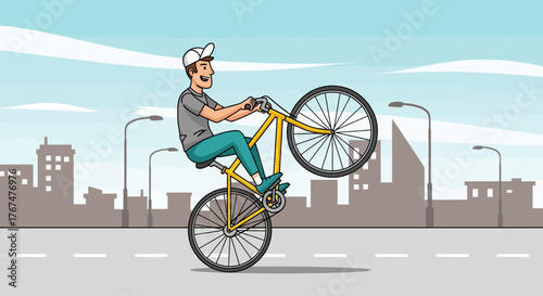 Cartoon urban cyclist performing a wheelie with a dynamic yellow bicycle and white cap style with