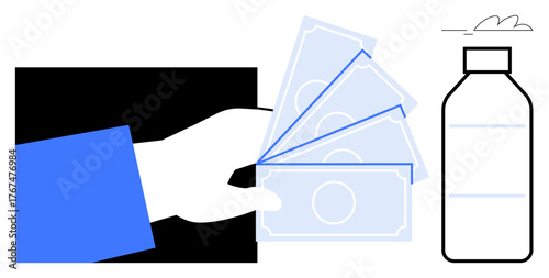 Outstretched hand passing cash towards bottled water highlighting purchasing action. Ideal for retail, commerce, transaction, sustainability, hydration, trade, financial exchange concepts. Simple