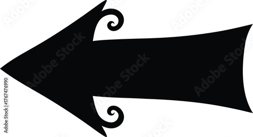 Stylized black arrow with elegant decorative swirls pointing left