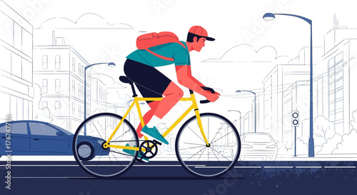 Urban cyclist navigating city streets, showcasing eco-friendly transportation and healthy