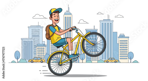 Cartoon illustration of a boy performing a wheelie on a bicycle in the city street