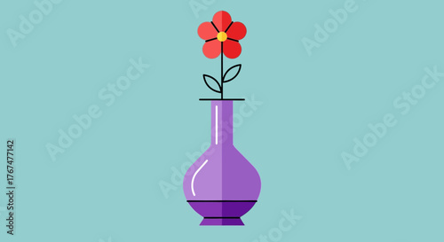 Stylized flower arrangement of vibrant red petals displayed in an elegant purple vase against