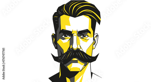 Stylish portrait illustration with sophisticated mustache and hairstyle in yellow and black,