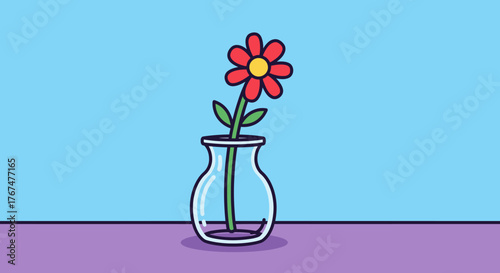 Minimalistic illustration of a vibrant red flower in a transparent glass vase on a pastel surface