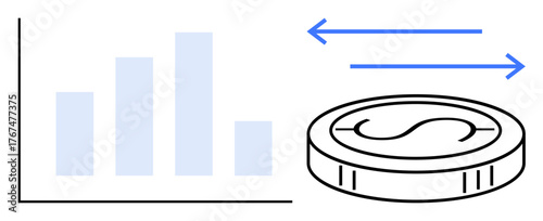 Bar chart with increasing columns alongside a coin with bidirectional arrows. Ideal for finance, investment, trade, economy, analysis, profit growth, and data-driven decision-making. Simple flat