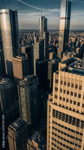 Aerial view of a modern city with skyscrapers and buildings.