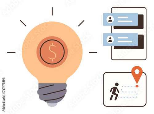Lightbulb symbolizes money idea chat boxes imply communication geolocation icon with runner links movement, exploration. Ideal for innovation, networking, planning, finance, mobility