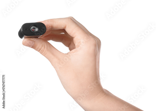 Wallpaper Mural Woman with hidden spy camera on white background, closeup Torontodigital.ca