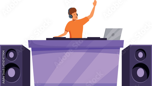 Disc jockey mixing music on turntables wearing headphones at a night club, raising one hand
