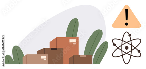 Stacked shipping boxes with greenery alongside a warning alert and atomic model symbol. Ideal for logistics, safety, caution, storage, science, energy, and hazard themes. Simple flat metaphor