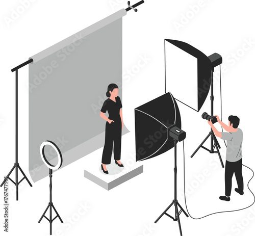 Isometric Photo Studio Shoot. Professional Photographer Taking Pictures of a Model with Lighting Equipment