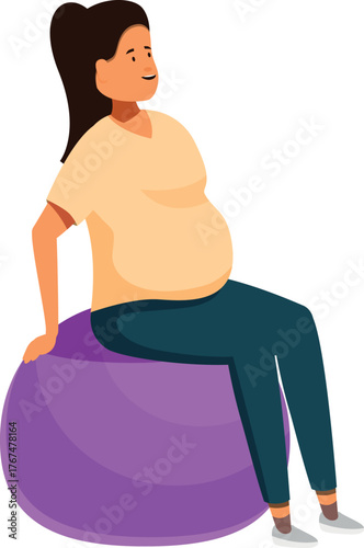 Pregnant woman sitting on purple fitness ball, enjoying pregnancy workout