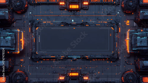 Detailed dark futuristic technology background featuring intricate metallic surfaces, vibrant orange glowing elements, a prominent central blank screen versatile data display.
