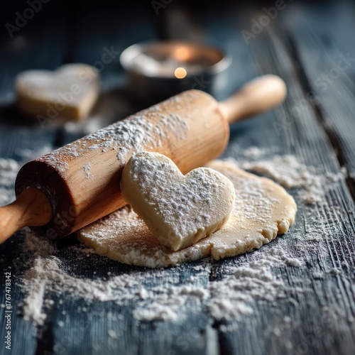 Heart shaped cookies and rolling pin on wooden table