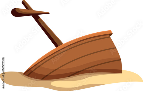 Wooden shipwreck sinking in the sand of a desert island beach, concept of failure, travel and adventure