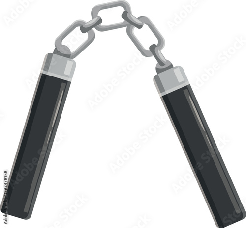 Nunchaku weapon is shown with two handles connected by chain, ideal for martial arts and self defense training