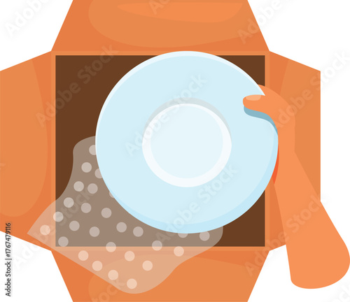 Hand carefully placing a plate into a cardboard box, using bubble wrap for protection during a house move or storage