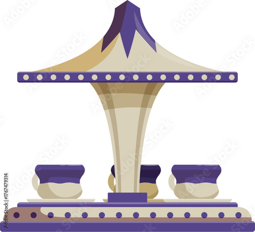 Rotating teacup carousel entertaining children and adults in amusement park or funfair