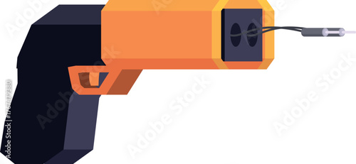 Orange and black electroshock weapon discharging electricity, taser gun for self defense, stun gun with wires