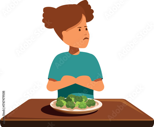 Stubborn child refusing to eat broccoli, expressing disgust for healthy food, picky eater concept