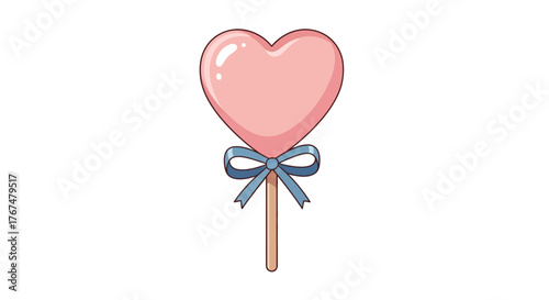 Sweet heart lollipop with bow in pastel colors on white background