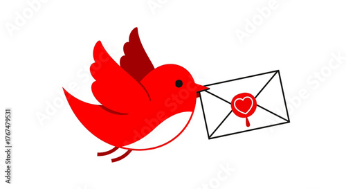 Red bird delivering love letter with heart seal in minimalistic style