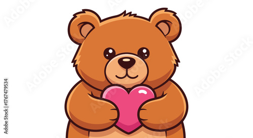 Cute bear holding pink heart with adorable expression