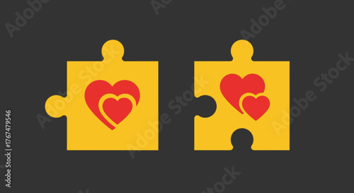 Matching puzzle pieces with heart symbols on dark background