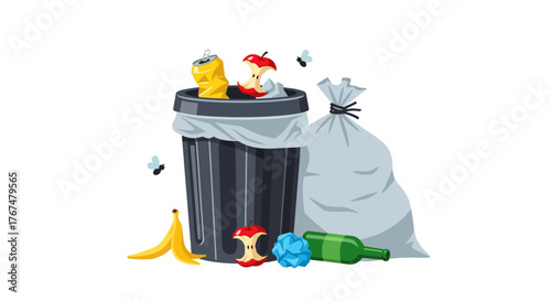 Overflowing trash bin with garbage and flies in cartoon style