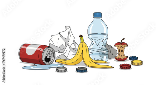 Colorful everyday rubbish in pop art style highlighting recycling awareness