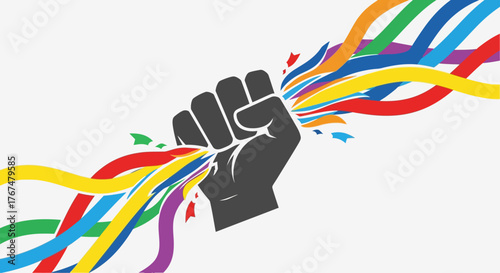 Colorful fist power symbol with rainbow ribbons in dynamic silhouette art