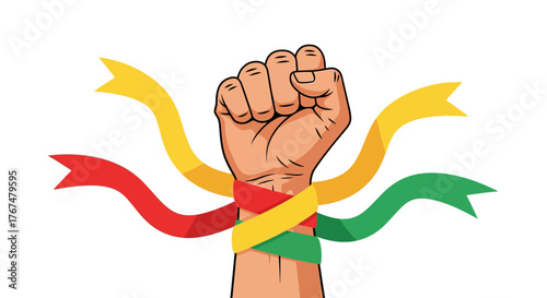 Raised fist with colorful ribbons symbolizing unity and strength