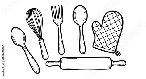 Hand drawn kitchen utensils: whisk, spoon, fork, and rolling pin with oven mitt outline