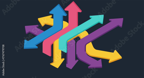 Colorful 3d arrows on dark background indicating diverse directions and choices