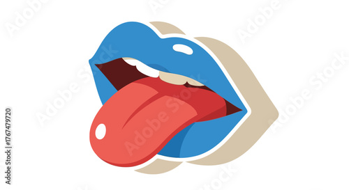 Pop art blue lips with tongue out in colorful 3d style